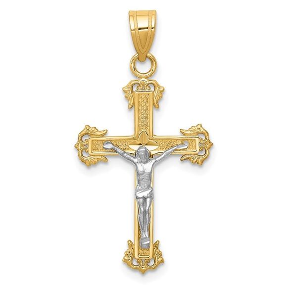 14k Yellow Gold Two-tone Diamond-cut Crucifix Pendant